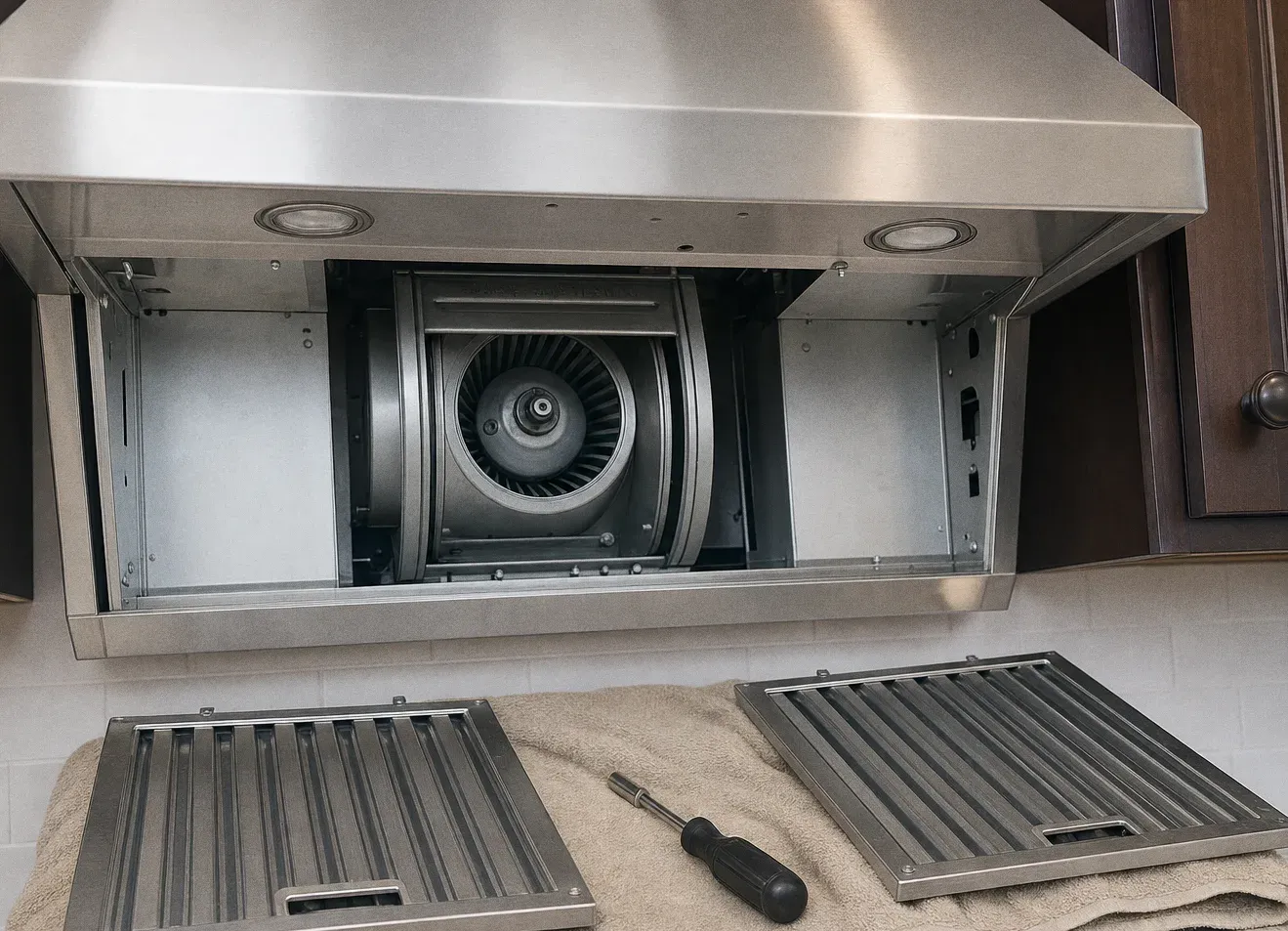 Wall canopy range hood with its baffle filters removed and standing on the counter, the blower wheel visible inside