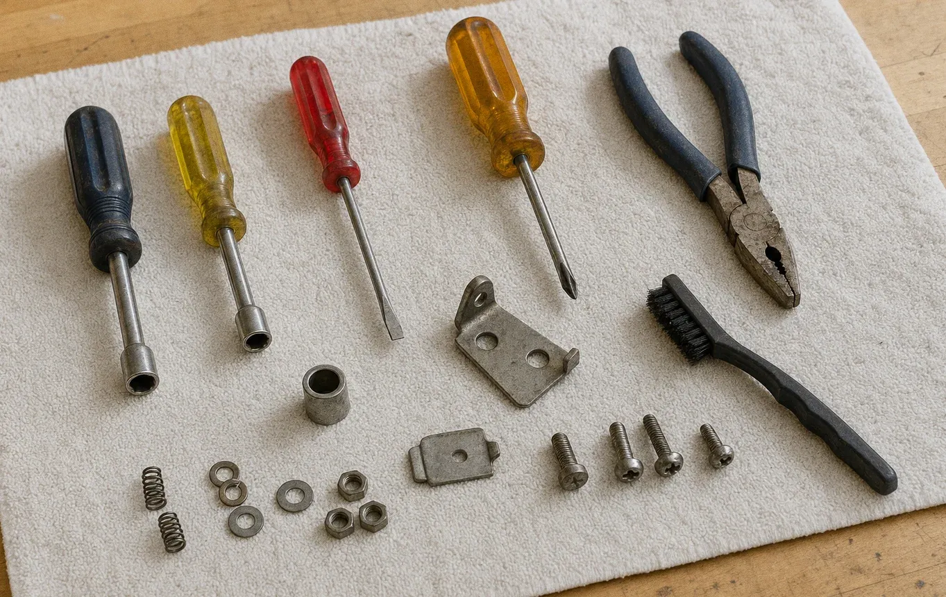 Yellow and red nut drivers, screwdrivers, pliers and a wire brush arranged with a spring, washers, nuts and hinge plates